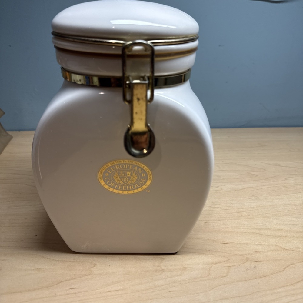 Vintage European Coffeehouse Collection White & Gold Ceramic Canister 8 3/8"